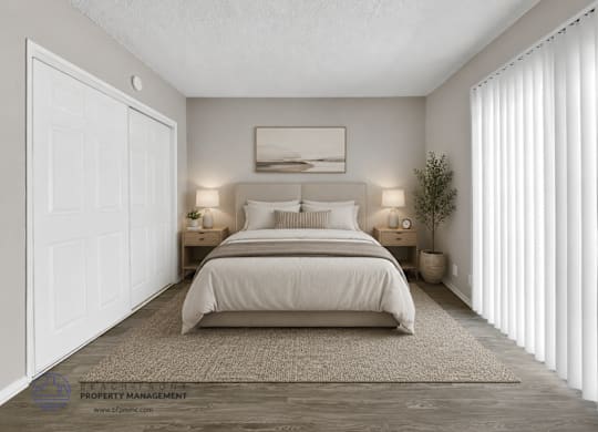A bedroom with a large bed, two nightstands, and a window with blinds.