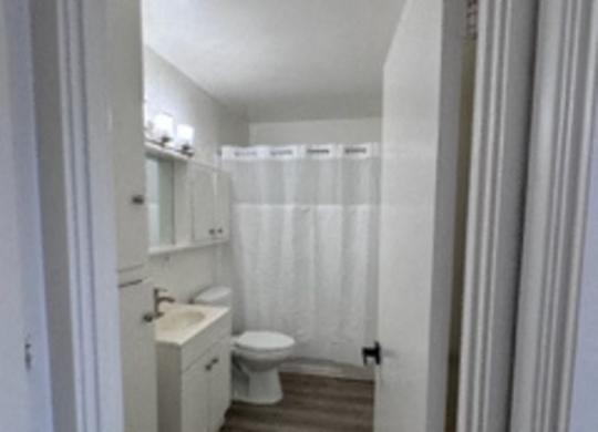 A white bathroom with a toilet, sink and shower.