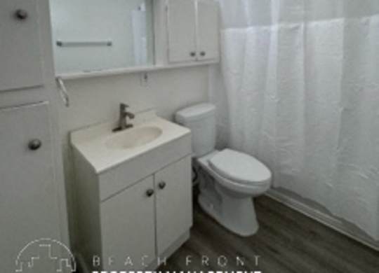 A bathroom with a toilet, sink, and shower curtain.
