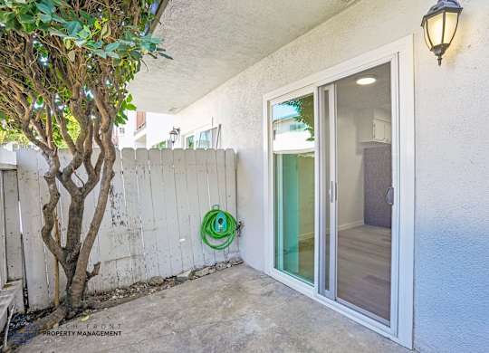A patio area with a tree, a wall, and a sliding glass door.