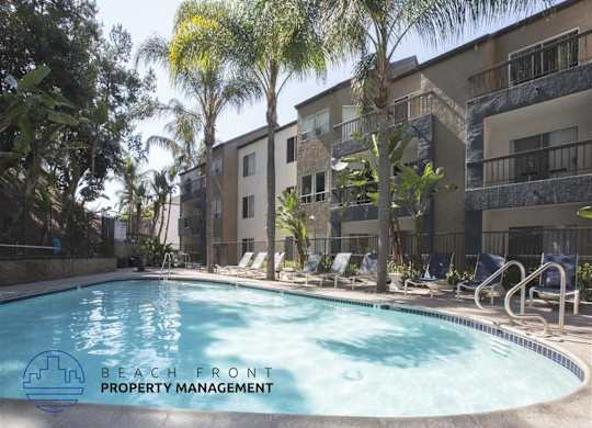 A pool surrounded by palm trees and chairs with the words "Beach Front Property Management" on the bottom left.