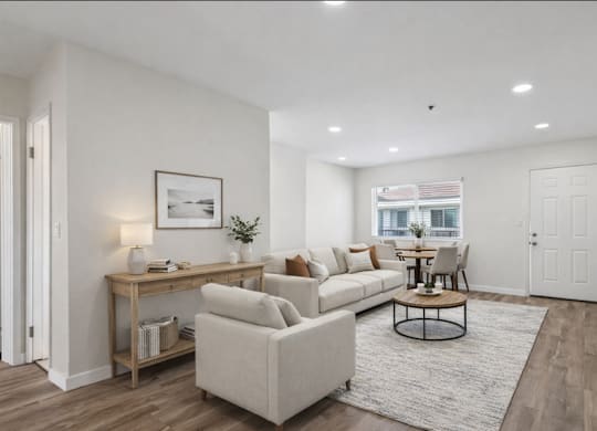 A living room with a white couch, a coffee table, and a television.
