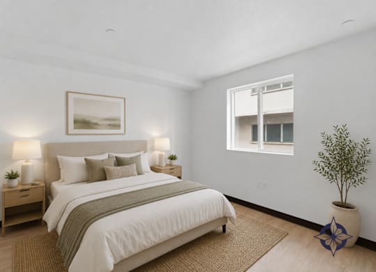 A bedroom with a large bed and a small tree.