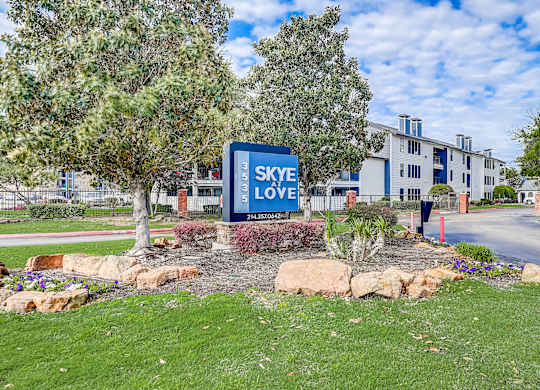 a blue sign that says sky love in the middle of a grassy area with trees and