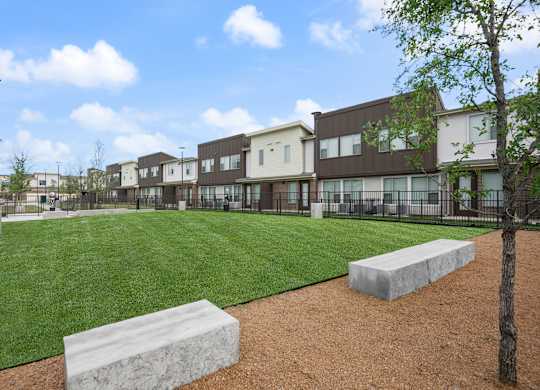 A park with a grassy area, a bench, and a tree in front of apartment buildings.