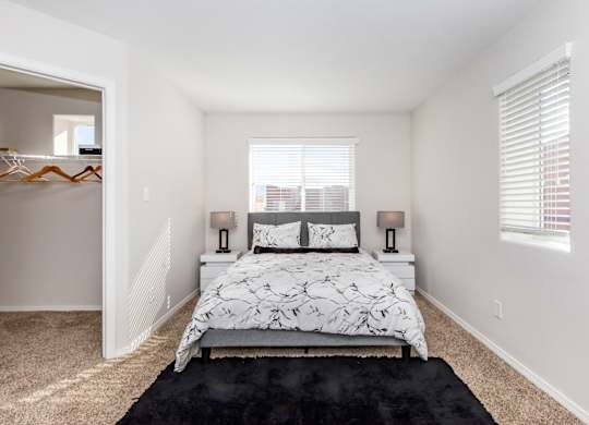 A bedroom with a large bed and a black rug.