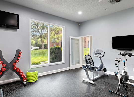 A home gym with a treadmill, exercise bike, and weights.