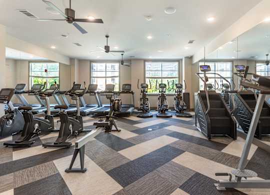 a gym with cardio machines and weights on a checkered floor