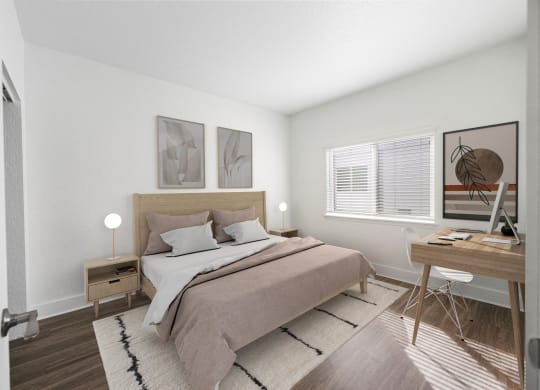 an image of a bedroom with a bed and a desk
