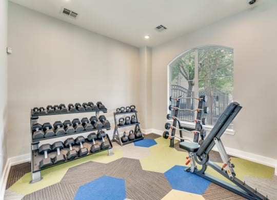 a home gym with weights and cardio equipment and a window