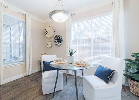 A dining area with a table, chairs, and a potted plant.