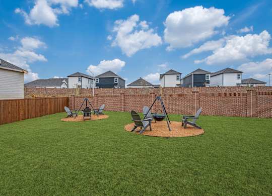 A backyard with a lawn and a swing set.