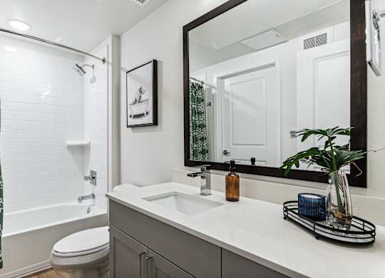 A bathroom with a toilet, sink, and mirror.