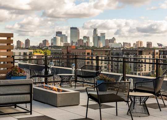 Rooftop lounge with view of Downtown Minneapolis