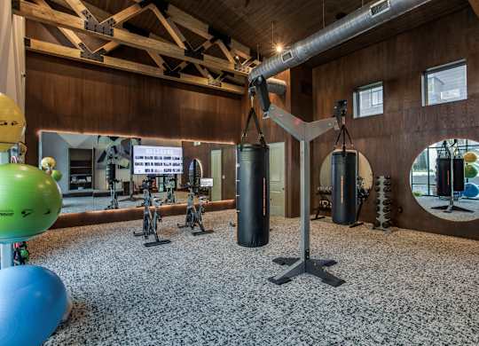 A gym with a variety of equipment including a green exercise ball and a blue exercise ball.
