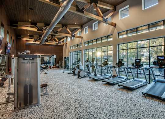 A gym with treadmills, weights, and exercise equipment.