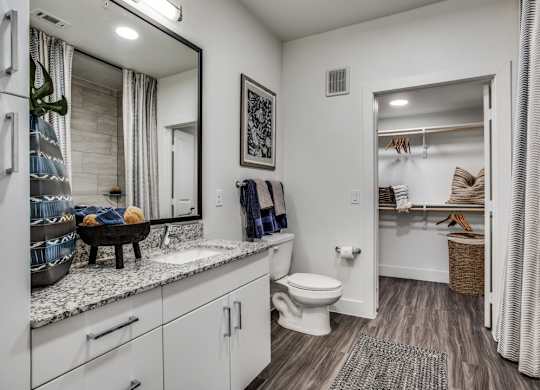 A bathroom with a toilet, sink, and mirror.
