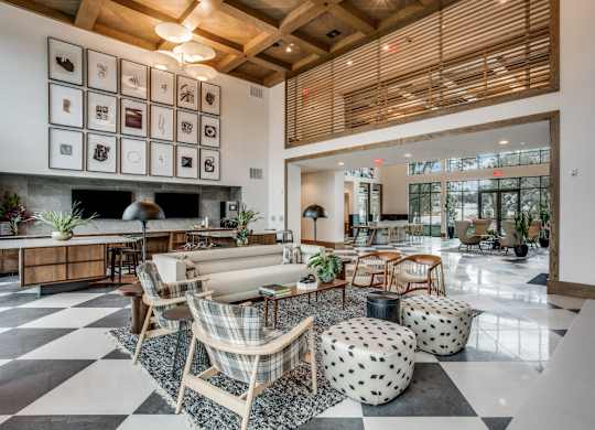 A living room with a black and white checkered floor.