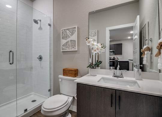 A bathroom with a toilet, sink, and shower.