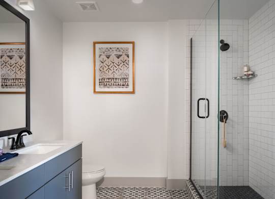 A bathroom with a white tiled shower and a white toilet.