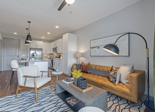 a living room with a couch and a table