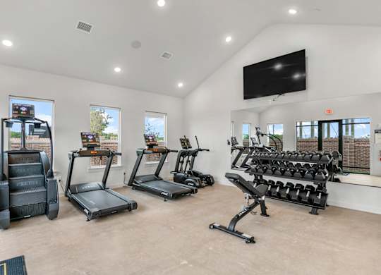 A spacious gym with treadmills, elliptical machines, and a bench press.