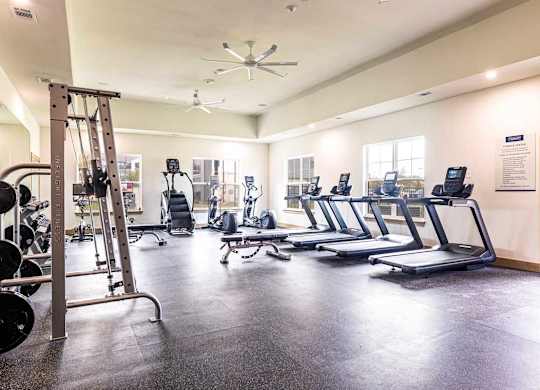 A gym with treadmills, weights, and exercise equipment.