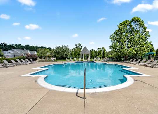 an oval swimming pool with chairs around it and trees in the background