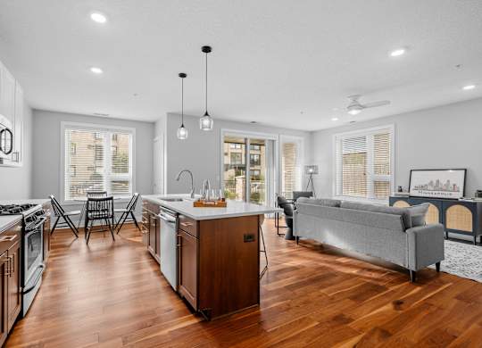 a living room with a kitchen and a dining room