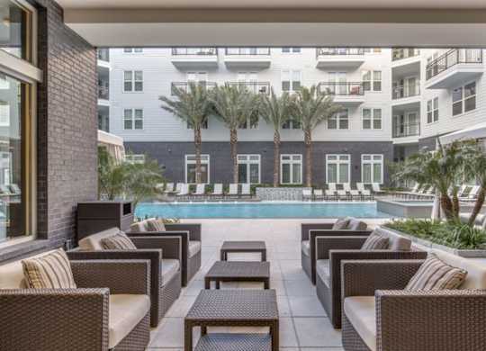 A patio with brown furniture and a pool in the background.
