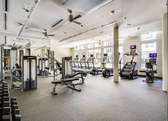A spacious gym with a variety of equipment including treadmills, weights, and exercise machines.