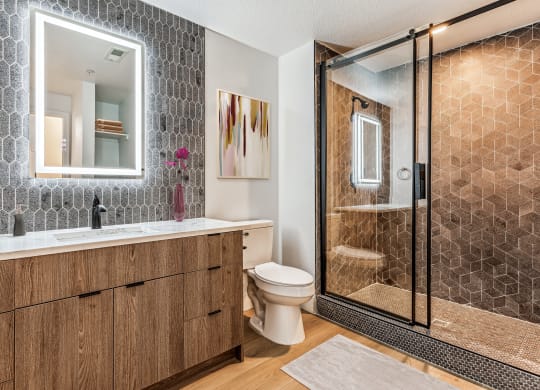 a bathroom with a shower toilet and sink and a mirror
