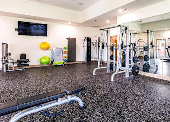 A gym with a variety of equipment including a bench, weights, and a television.