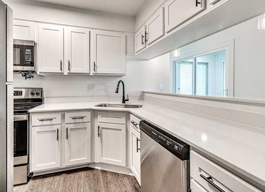 A modern kitchen with white cabinets and stainless steel appliances.