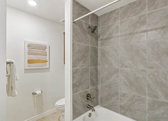 A bathroom with a toilet, a shower, and a towel hanging on the wall.