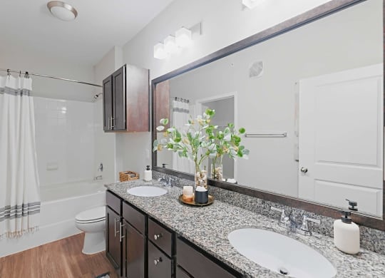 a bathroom with two sinks and a shower and a toilet