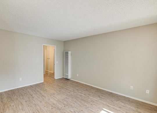 A room with a wooden floor and a door leading to another room.