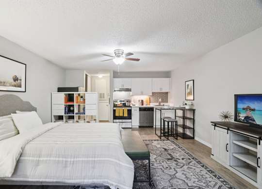 A bedroom with a bed, a television, and a kitchen area in the background.