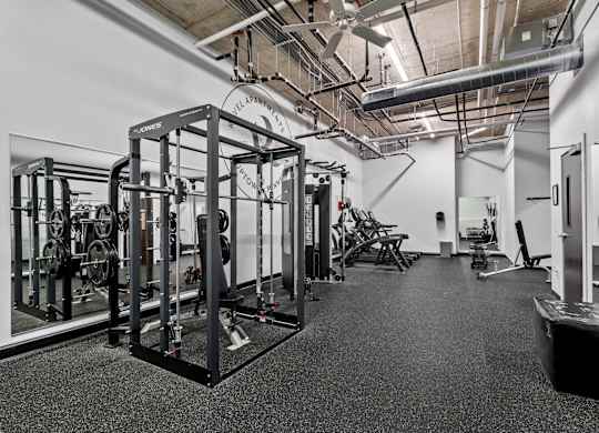 A gym with a variety of equipment including a squat rack, bench, and weights.