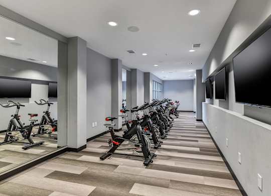 A row of exercise bikes are lined up in a room.