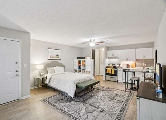A bedroom with a bed, nightstand, and a rug.