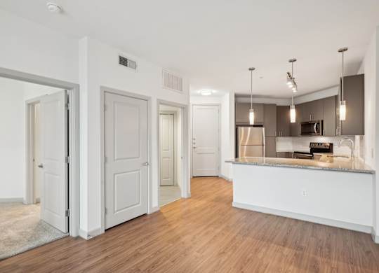 A kitchen with a countertop and cabinets is visible through a glass door.
