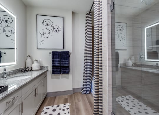 a bathroom with a shower and two sinks and a mirror