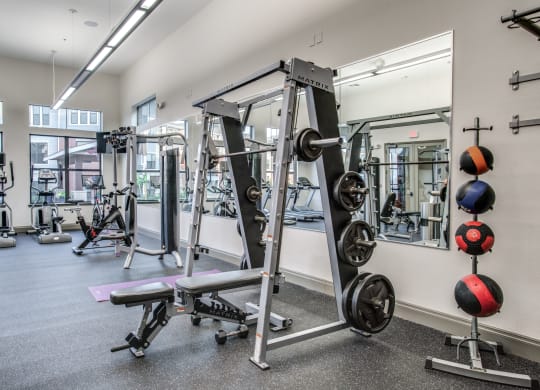 a fitness room with weights and other exercise equipment