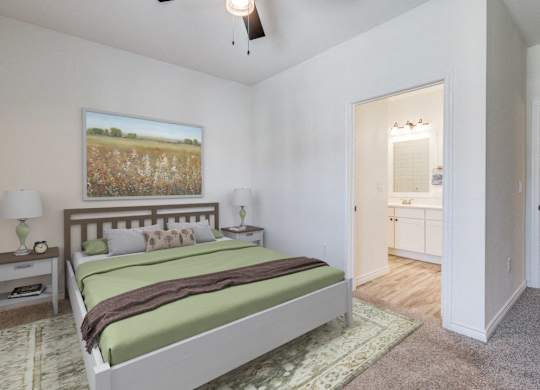 a bedroom with a bed and a bathroom with a closet