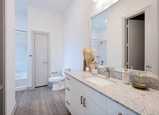 A bathroom with a toilet, sink, and mirror.