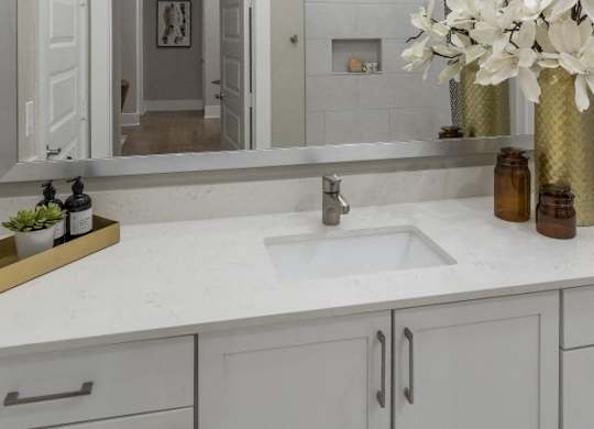 A bathroom with a white counter top and a gold tray with plants on it.