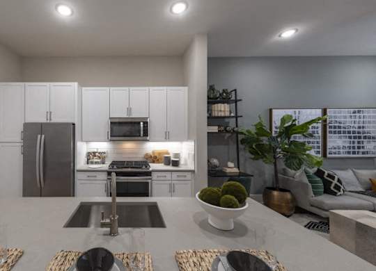 A modern kitchen with a dining table set for four.