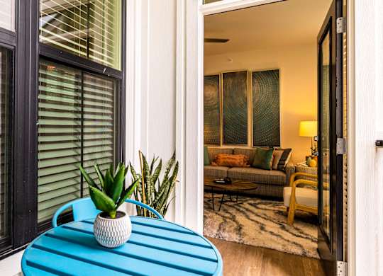 A blue table with a plant on it is in front of a window.