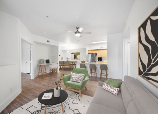 a living room with a couch and a chair and a kitchen with a dining area